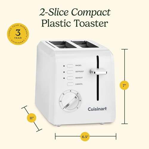 CPT-122 2-Slice Compact Plastic Toaster, Slots for Bagels & Bread, 7 Shade Settings, Cancel/Defrost/Reheat Functions, Removable Crumb Tray, Small Kitchen Appliance for Home & Office, White (White / 2-Slice / Toaster)