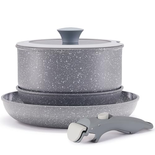 Gray Non Stick Pot and Pan Set with Removable Handle (CK004gr - Gray)