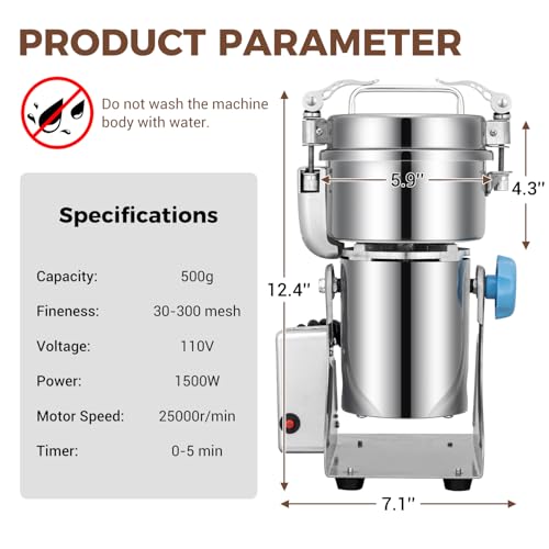 Grain Mill 500g Commercial Spice Grinders Electric 1500W Stainless Steel Pulverizer Dry Grinder for Grinding Wheat (500G)