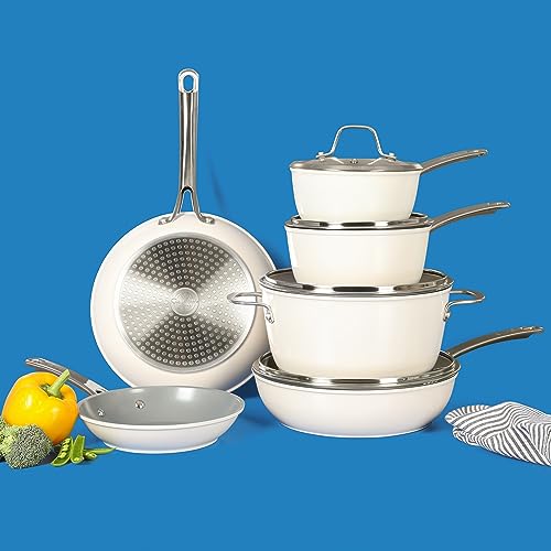 Kitchen Essentials 10 Piece PFA Free Non (Linen White / 10-Piece Cookware Set)