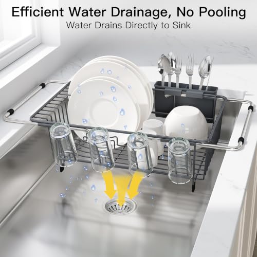Gray Dish Drying Rack in Sink with Drainboard and Utensil Holder (Dark Gray / For 12"-30"w Sink, with Drainboard)