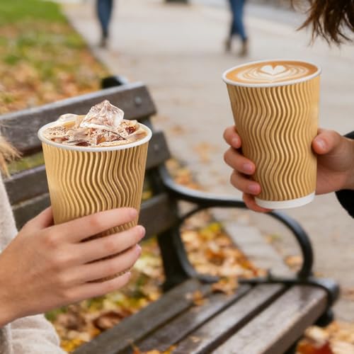 500 Pack 16oz Insulated Disposable Paper Coffee Cups Champagne (Champagne-500 / 16 oz)