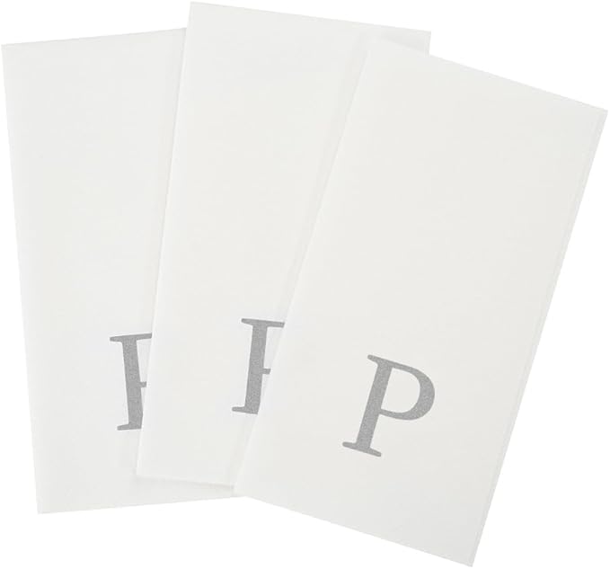 Luxenap 15.8 X 7.9 Inch Linen-Feel Guest Towels, 50 Lettered Hand Towels - Silver Letter 'P', Sans Serif Font, White Paper Dinner Napkins, airlaid, For Restrooms And Tables - Restaurantware