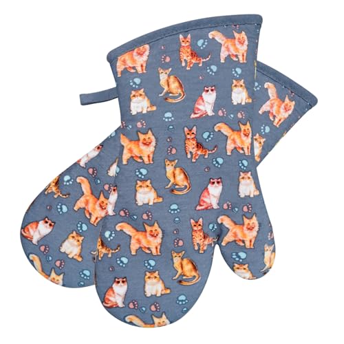 Oven Mitts 1 Pair (Cat, Blue Mitts)