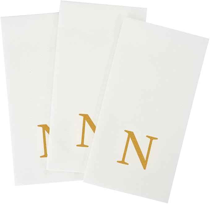Luxenap 15.8 X 7.9 Inch Linen-Feel Guest Towels, 50 Lettered Hand Towels - Gold Letter 'N', Sans Serif Font, White Paper Dinner Napkins, airlaid, For Restrooms And Tables