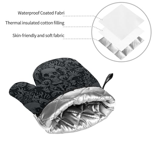 Victorian Gothic Black Skull Damask Oven Mitts and Pot Holders Sets of 4 (One Size / Black Skull)