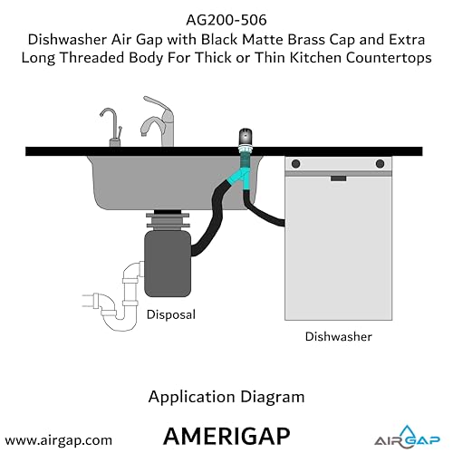 Dishwasher Air Gap with Skirted Black Matte Brass Cap and Extra Long Threaded Body for Thick or Thin Kitchen Countertops (AG200-506)