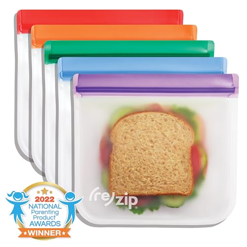 re) zip Reusable Sandwich Bags, Leakproof, 28 oz, 5-Pack, Jewel Tones (5 Pack / Jewel Tones)