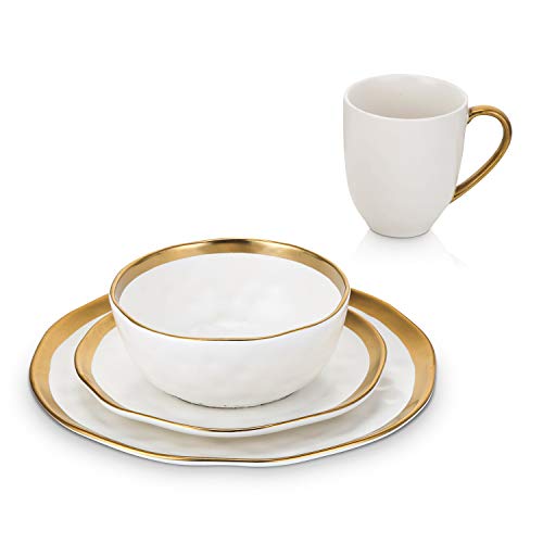 Modern Poreclain 16 Piece Dinnerware Set (16-Pieces Service for 4 / White with Gold Rim)