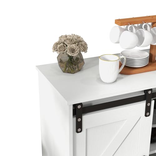 Sliding Barn Door Buffet Sideboard Storage Cabinet Coffee Bar Kitchen Farmhouse Style (White)
