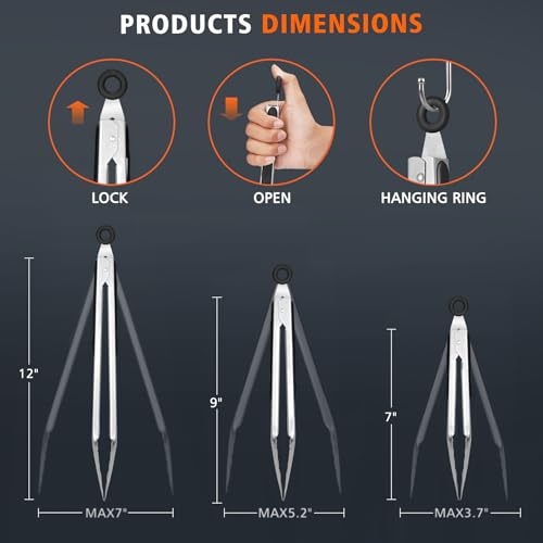 Stainless Steel Locking Kitchen Tongs for Cooking & Serving (7+9+12 inch, 3pack)