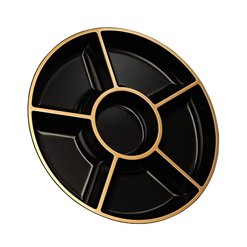6 Sectional Round Plastic Serving Tray (Black & Gold)