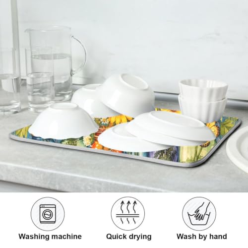 Daisy Flowers Vases Butterfly Dish Drying Mat for Kitchen Counter Absorbent Microfiber Drying Pad (16" x 18")