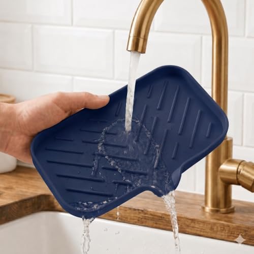 Silicone Soap Dish with Drain Spout (Navy Blue / M(9.6"×5.3"))
