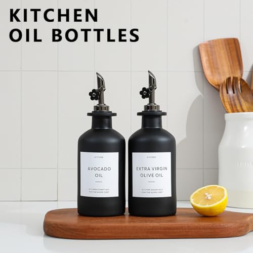 Olive Oil Dispenser for Kitchen (12oz-Black&Black Spout+Tray / 11.8 fl oz)