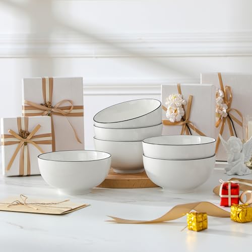 26 Oz Ceramic Cereal Bowls Set of 6 (White-Black Rim / 26OZ (6PCS ))
