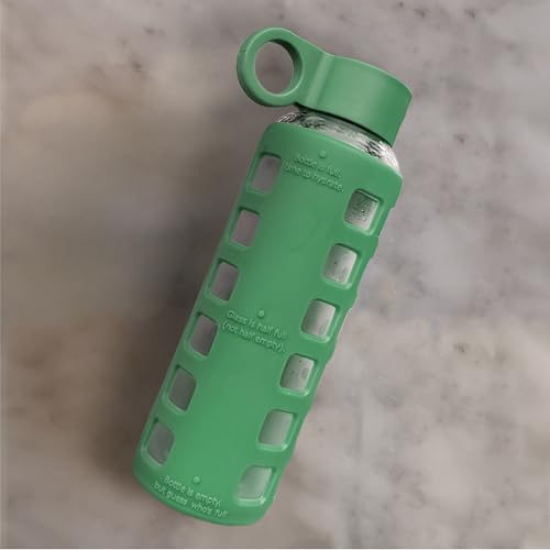 40oz / 32oz / 22oz / 12oz Borosilicate Glass Water Bottle with Time & Volume Markers, Silicone Sleeve, Stainless Steel Lid | Reusable Glass Bottle for Water & Juice (12oz Shale Green) (Shale Green (1 Count) / 12 Ounces)