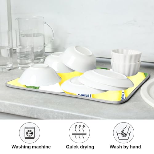 Lemon Blue Tiles Dish Drying Mat for Kitchen Counter Absorbent Microfiber Drying Pad (18" x 18")