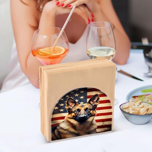Dog German Shepherd American Flag Napkin Holder for Table Paper Napkins Holder Acrylic Tissue Dispenser Kitchen Dining Room Bathroom Party Car Decor (NH072 / 4.1x4.9x1.97in)