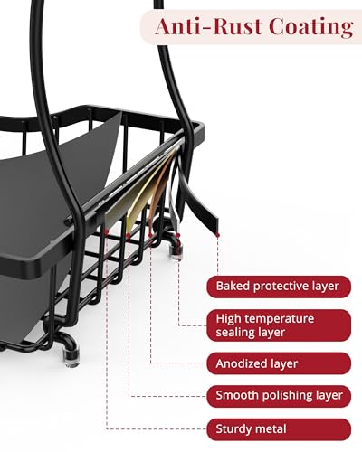 Large 2 Tier Fruit Basket for Kitchen Counter with 2 Banana Hangers (Black)