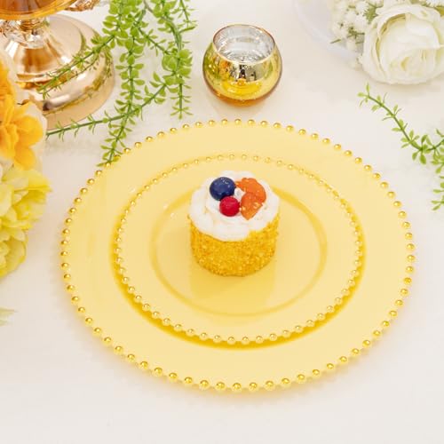 100pcs Elegant Yellow Plastic Plates with Gold Beaded for Wedding (Yellow and Gold Plastic Plates / 100PCS)