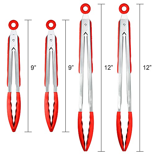 4 Pack Red Silicone Kitchen Tongs Set (Red)