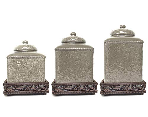 HiEnd Accents Savannah 3 Piece Ceramic Dinnerware Square Canister Set with Base (3 Piece Set / Taupe)