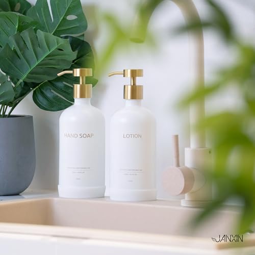 Glass Kitchen Soap Dispenser Set with Ceramic Tray (White + Gold(lotion))