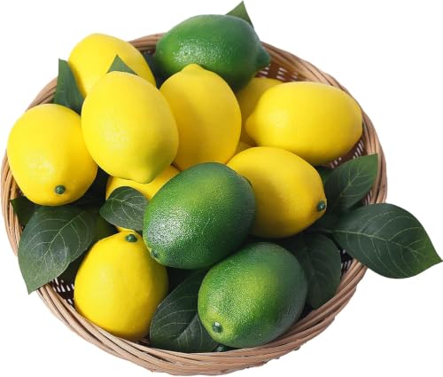 Artificial Lemons Fake Limes and Leaves Set Decor for Kitchen Party (30pcs Lemons + 12pcs Leaves)