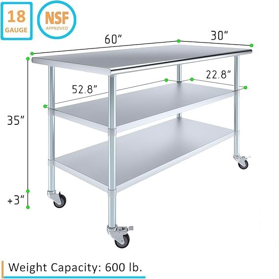 60" x 30" Stainless Steel Work Table with 2 Shelves (60" Long x 30" Deep)