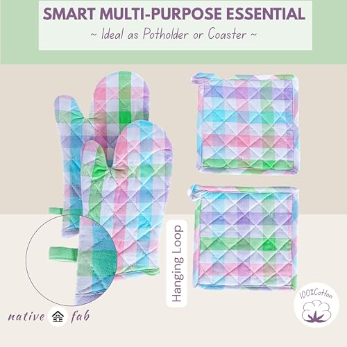 4 Piece Set Gingham Check 2 Oven Mitts & 2 Potholders (Gingham Pastels)