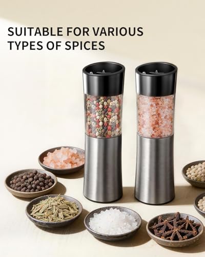 Rechargeable Gravity Electric Salt and Pepper Grinder Set Automatic Stainless Steels Salt and Pepper Mills with LED Light (Silver)