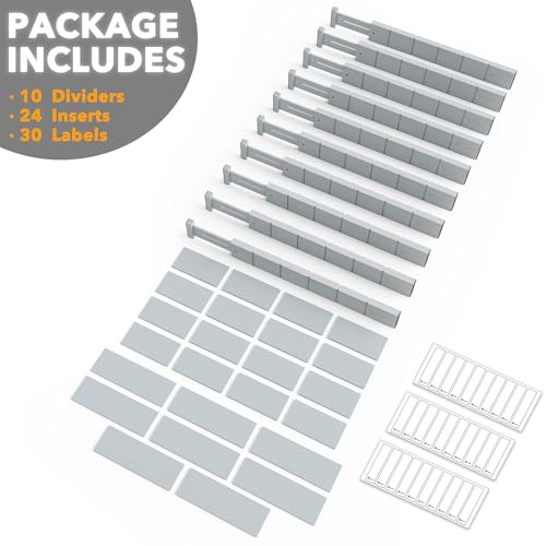 Bamboo Drawer Dividers with Inserts and Labels (2.35''H, 17''-22''L, 10 Dividers / GRAY)