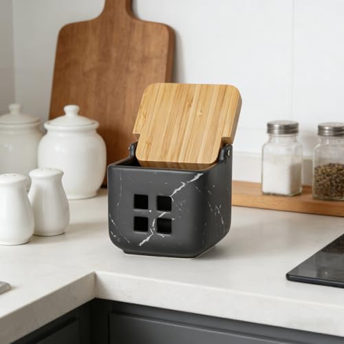 Ceramic Garlic Keeper with Bamboo Lid (Marble Black)