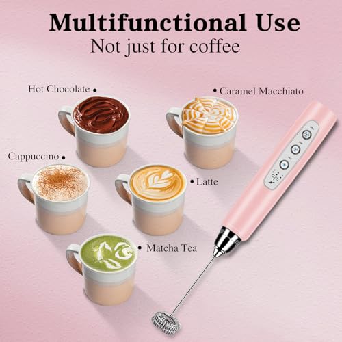 Milk Frother Wand Rechargeable Handheld Whisk Coffee 3 Speed Adjustable (Frother with stand / Pink)