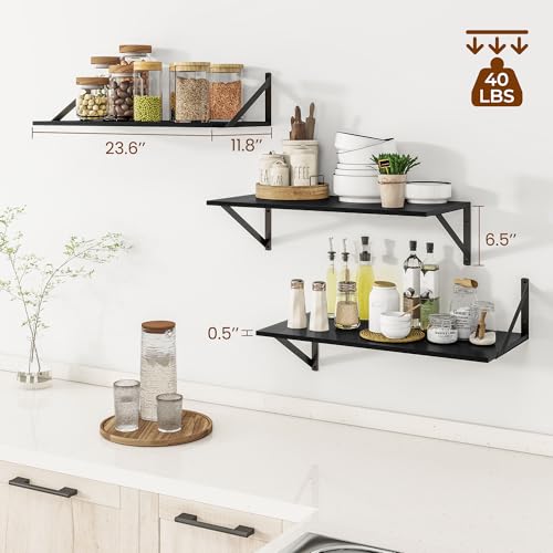 24W x 12D Deep Floating Shelves Set of 3 Black (Black With Black Metal Bracket / 24wx12dx5.8h)