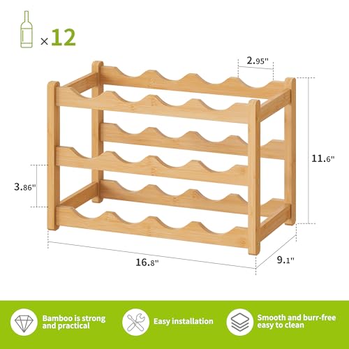 Bamboo Wine Rack Wine Storage Cabinet Shelf 12 Bottle Wine Racks Countertop Sturdy for Kitchen Dining Room Pantry (Natural / 3 Tier)