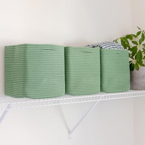 Storage Cubes 11 Inch Cotton Rope Woven Baskets for Organizing (Green)