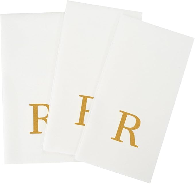 Luxenap 15.8 X 7.9 Inch Linen-Feel Guest Towels, 2000 Lettered Hand Towels - Gold Letter 'R', Sans Serif Font, White Paper Dinner Napkins, airlaid, For Restrooms And Tables