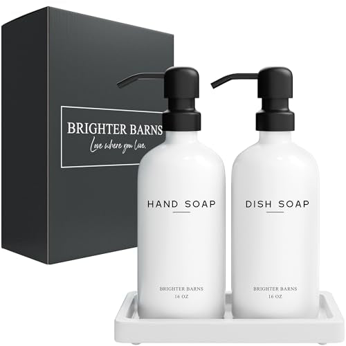 White Glass Hand and Dish Soap Dispenser Set by Brighter Barns (White Hd)