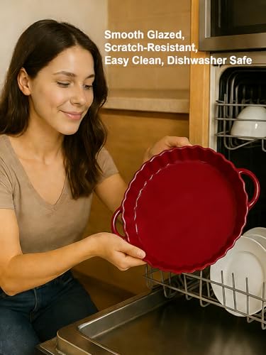 10×2in Deep Ceramic Pie Pan with Handles for Pie Quiche Tart Baking. Easy to grip (Red / 10IN*2IN)