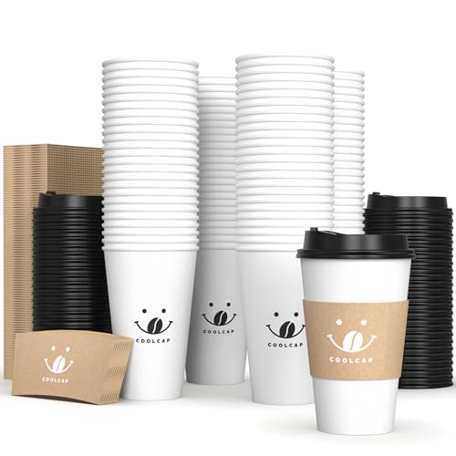 100 Pack 12oz Disposable Coffee Cups with Lids and Sleeves (White-100packs / 12 oz)