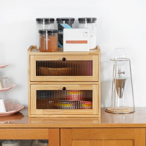 Bread Box for Kitchen Countertop Wooden Bread Storage Container Bin 2 Layer Breadbox Holder Large Capacity Keeper Vintage Farmhouse Food Organizer Pantry Shelf Acrylic Window(Wood color) (Yellow)