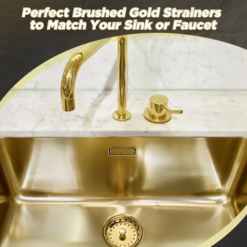 3 Pcs Kitchen Sink Drain Strainer and Stopper Stainless Steel Garbage Disposal Plug with Handle Universal Anti (Brushed Gold)