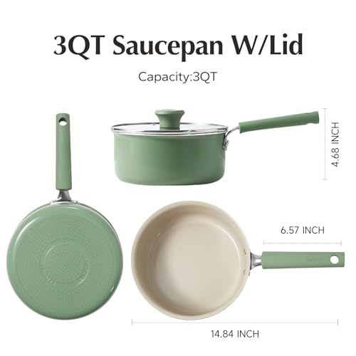 Ceramic Nonstick Saucepan with Lid (3 Quarts / Green)