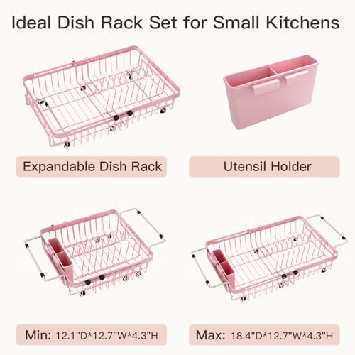Pink Expandable Dish Drying Rack Over The Sink with Anti Slip Grip (Pink / For 13-30" W Sink)