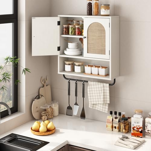Rattan Bathroom Wall Cabinet (Rustic White / 2 Doors)