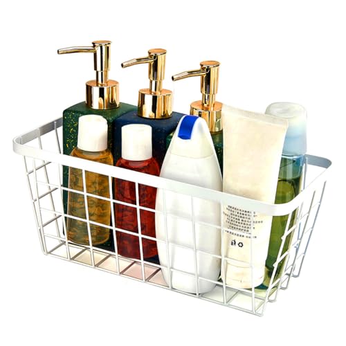 White Hanging Kitchen Baskets For Storage Adhesive Sturdy Small Wire Storage Baskets No Drilling Wall Mounted Kitchen Food Pantry Bathroom Shelf Storage (4 Count)