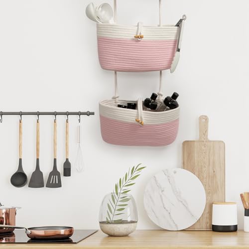 Over The Door Hanging Baskets with Button Strap (Pink+White / 3 tier+Button)