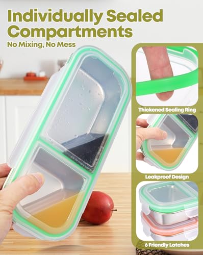 2 Pack Stainless Steel Snack Containers (2 compartment Orange Green)